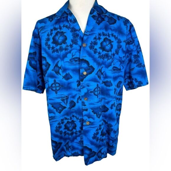 Ui-Maikai Blue Island Map Print Vintage 60s Hawaiian Button Front Camp Shirt - Picture 1 of 10